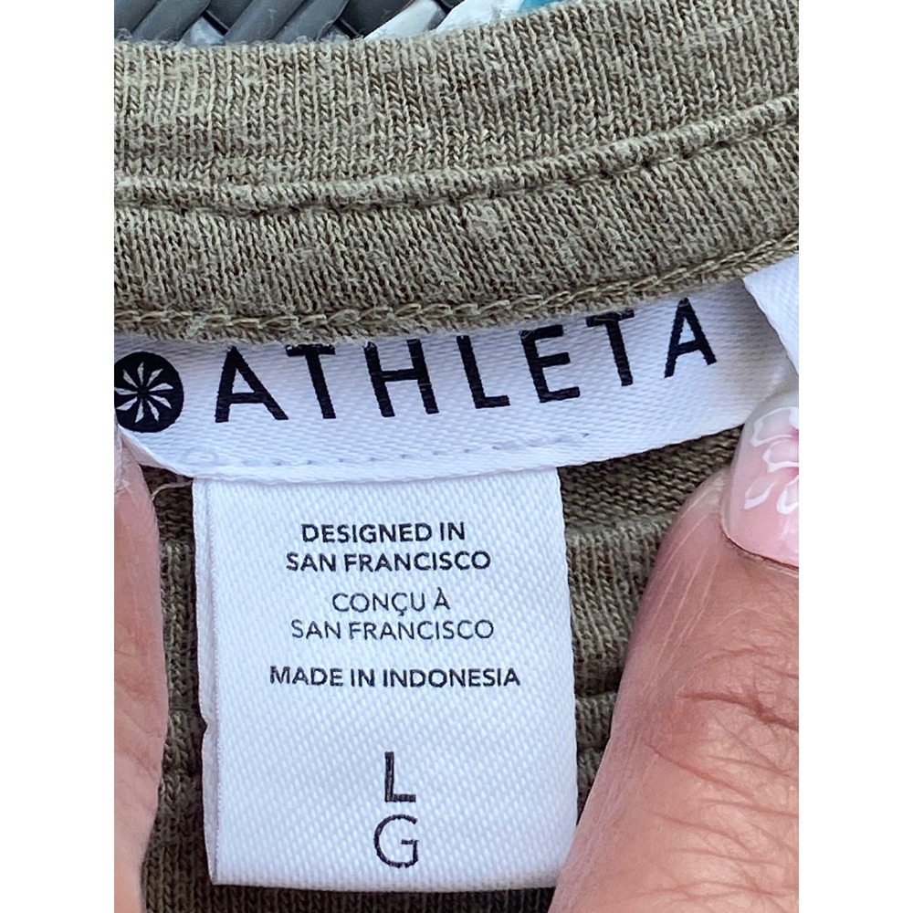Athleta Womens Linen Tencel Blend Short Sleeve Crew Neck Tee Olive Green Large - Picture 2 of 8